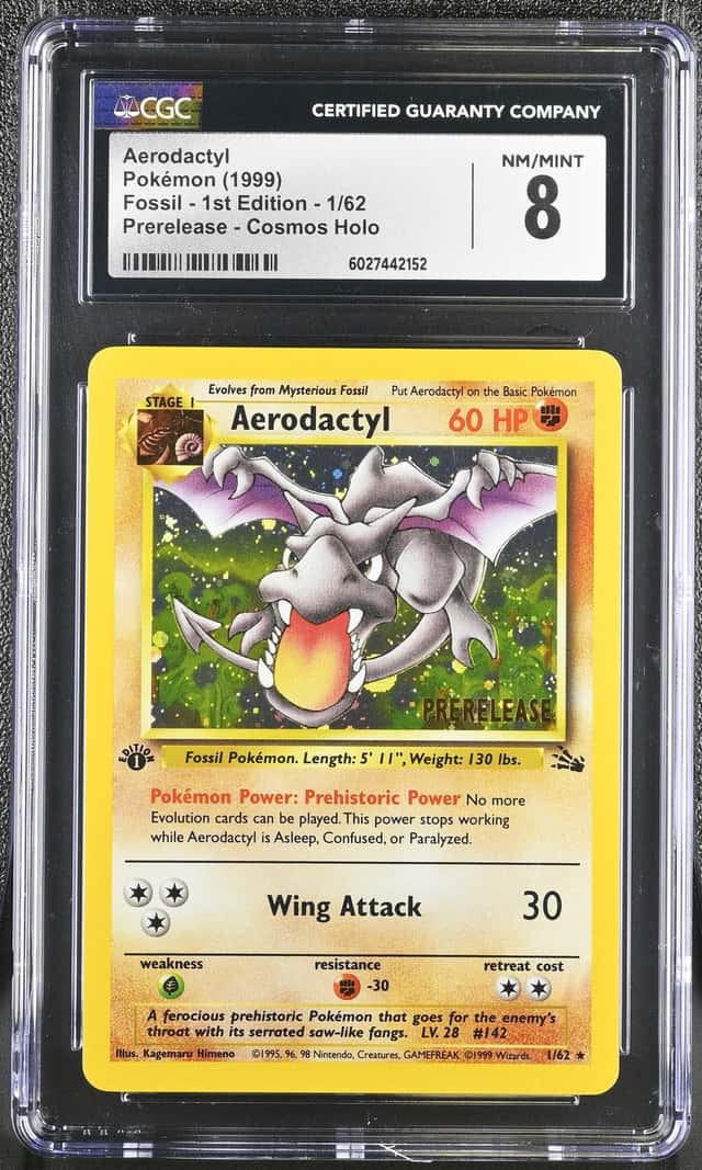 1999 Pokemon Fossil 1st Edition Pre-Release Cosmoc Holo #1 Aerodactyl CGC 8