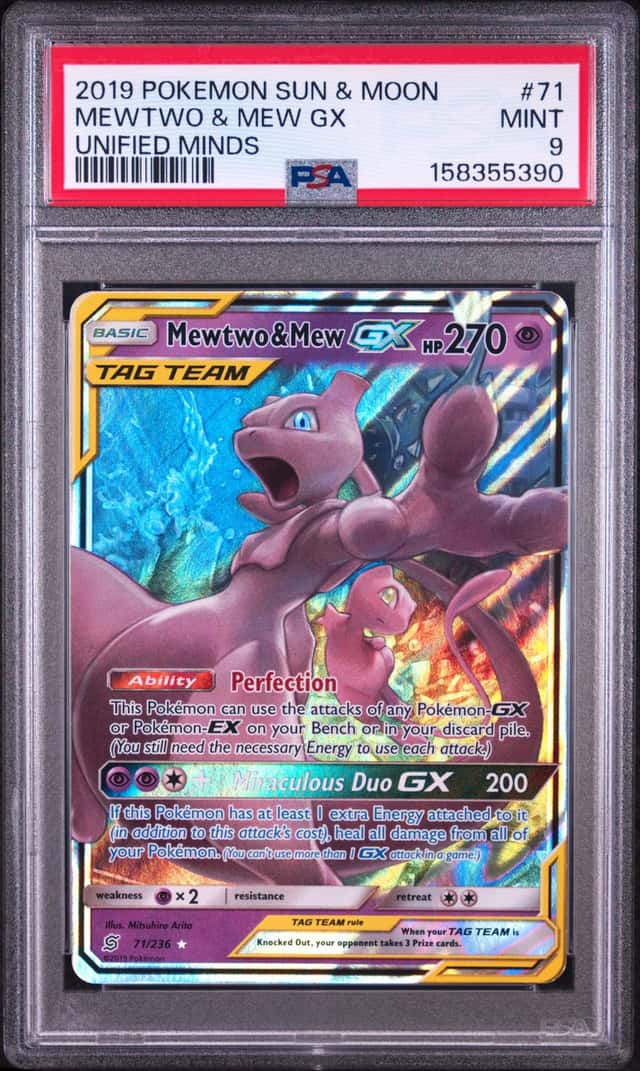 2019 POKEMON SUN & MOON UNIFIED MINDS #71 MEWTWO & MEW GX PSA 9