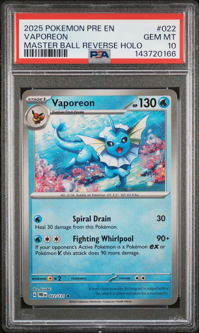 2025 Pokemon Prismatic Evolutions Vaporeon Reverse Master Ball #022/131 PSA 10