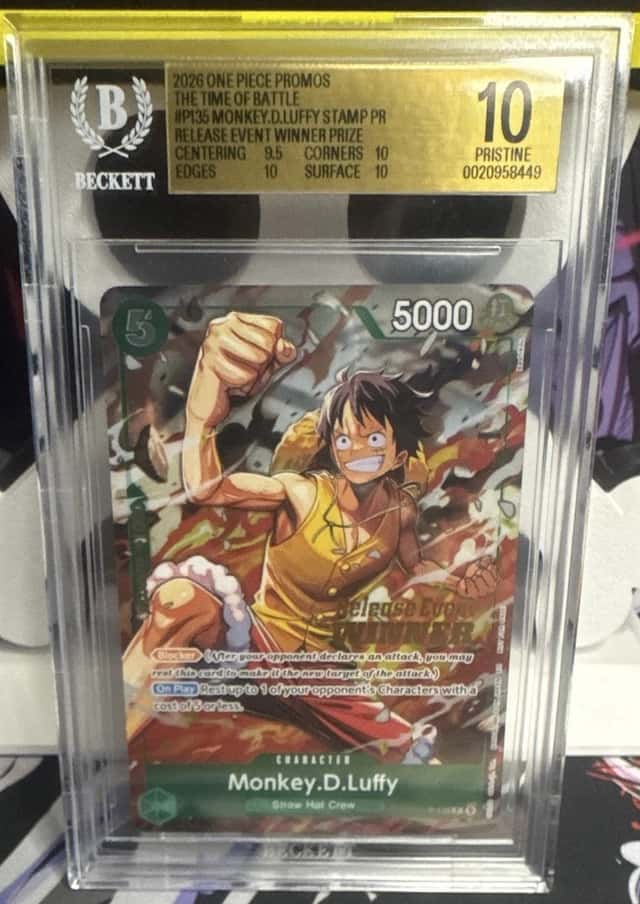 Bandai One Piece Monkey D. Luffy P-135 2026 Promo Stamp Winner Holo Beckett 10