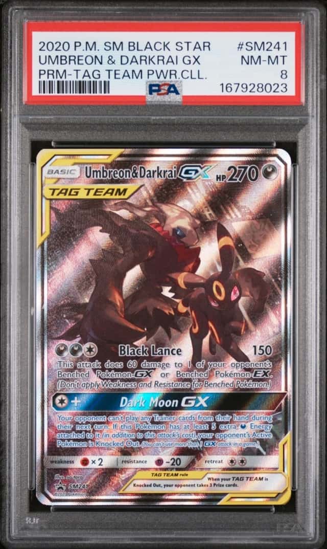 2020 POKEMON SM BLACK STAR PROMO #SM241 UMBREON & DARKRAI GX PSA 8