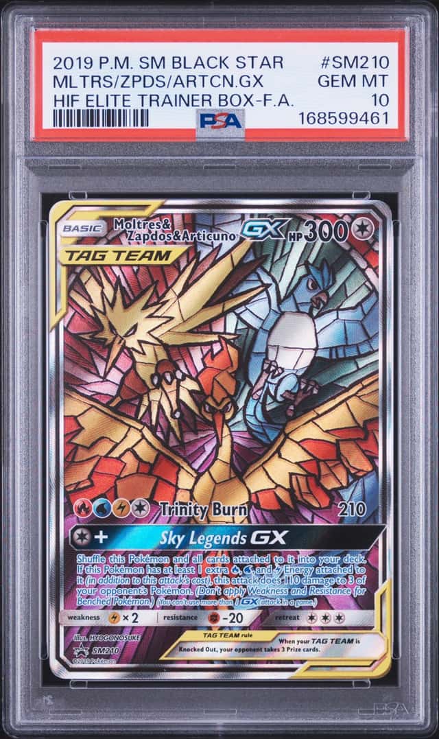 2019 Pokemon SM Black Star HIF ETB FA #SM210 Moltres Zapdos Articuno Gx PSA 10