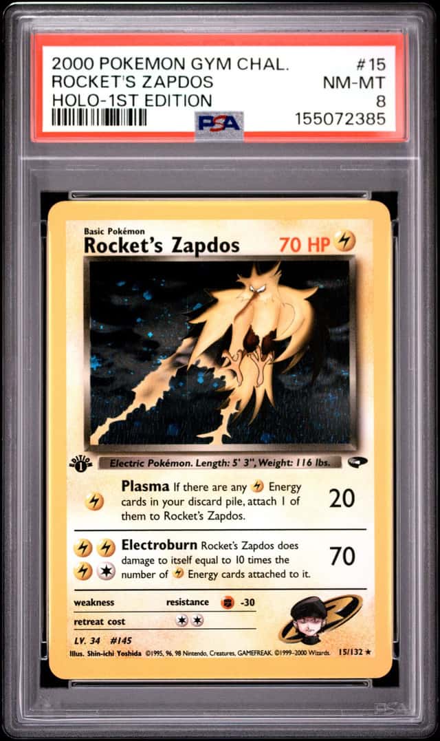 Pokemon Gym Challenge Rocket’s Zapdos 1st Edition Holo 15/132. PSA 8 NM- Mint