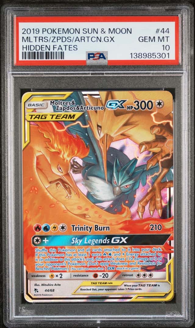 Pokemon 2019 Moltres Zapdos Articuno GX 44 TAG TEAM Hidden Fates GEM MINT PSA 10