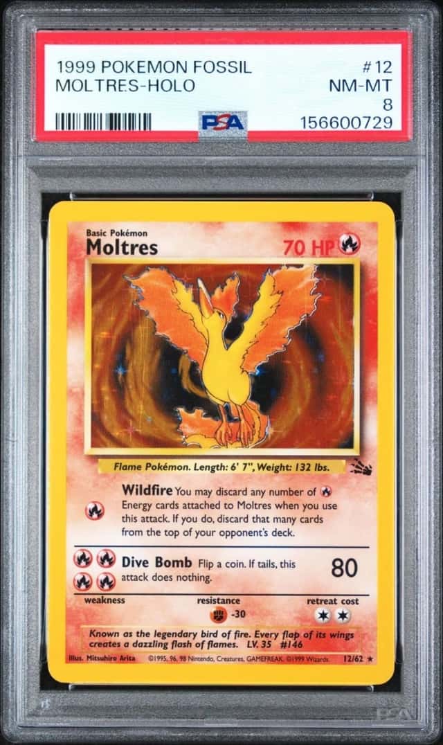 1999 POKEMON PSA GRADED 8 NEAR MINT-MINT | FOSSIL 12 MOLTRES-HOLO