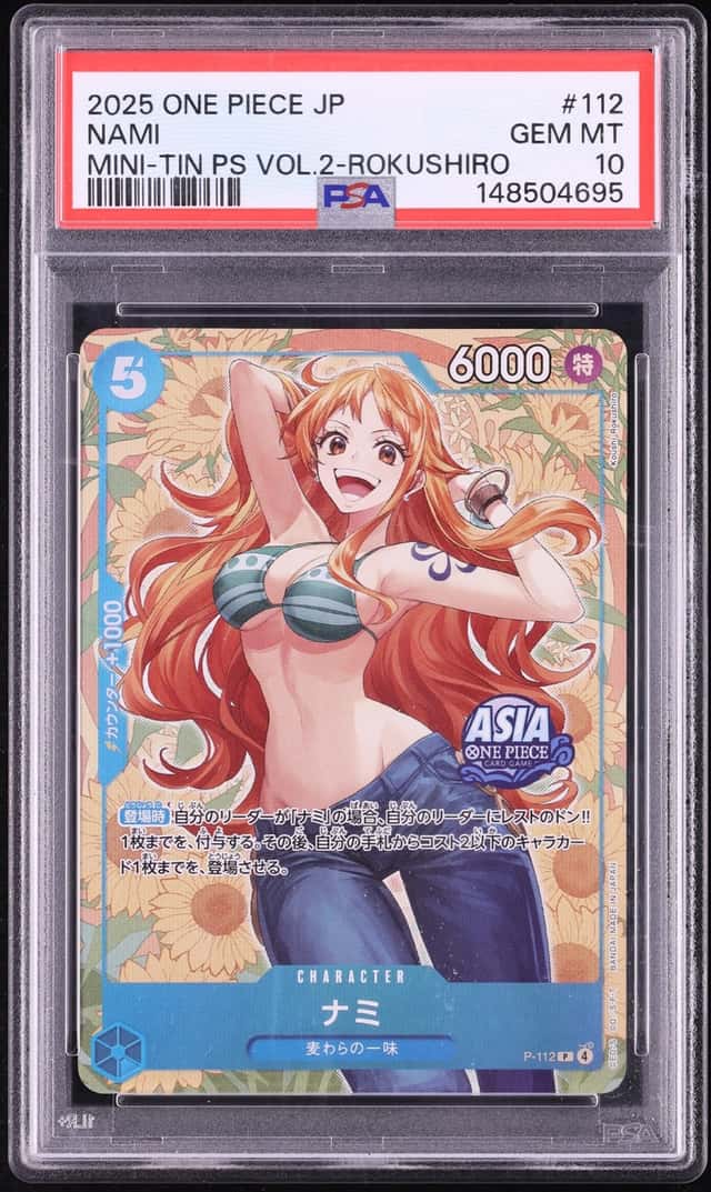 2025 One Piece Japanese Promo Mini-Tin Pack Set Vol. 2 Rokushiro Nami #P-112 PSA 10 GEM MINT
