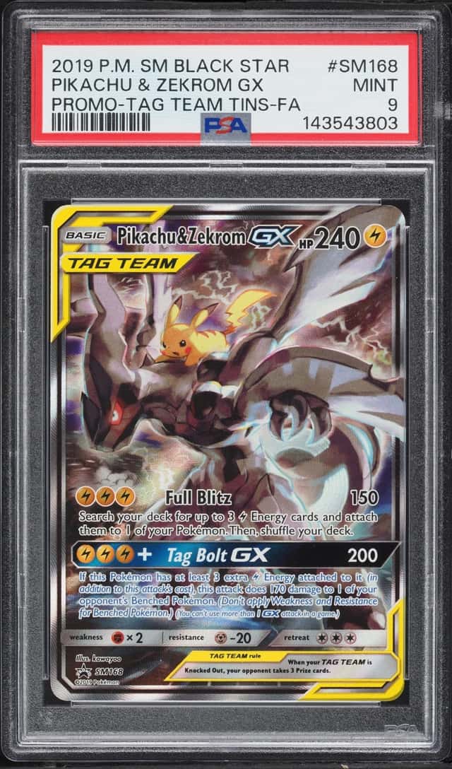 2019 Pokemon Sun & Moon Promo Tag Team Tins Full Art Pikachu & Zekrom GX #SM168 PSA 9 MINT
