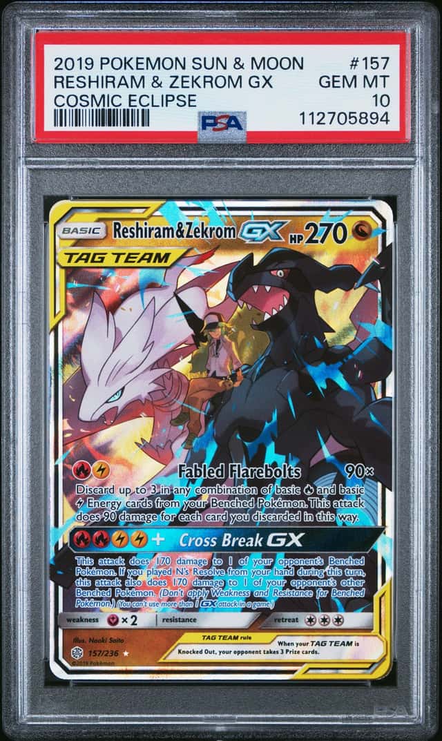 2019 POKEMON SUN & MOON COSMIC ECLIPSE #157 RESHIRAM & ZEKROM GX PSA 10