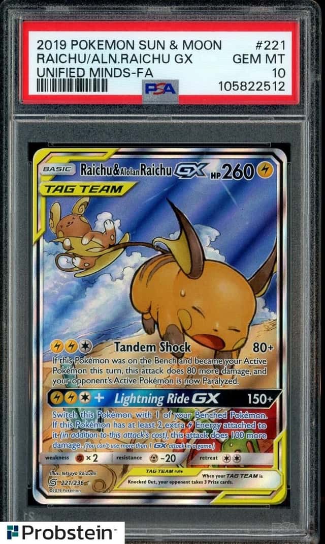 2019 Pokemon Sun & Moon Unified Minds #221 Raichu & Alolan Raichu GX PSA 10
