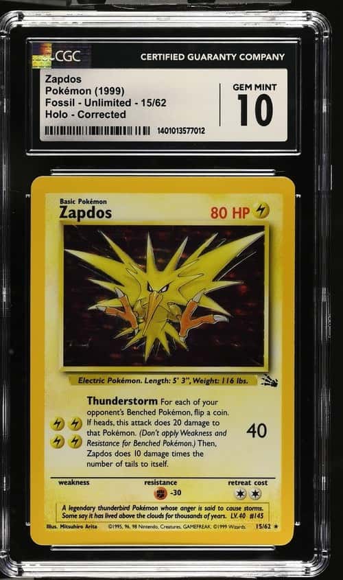 1999 Pokemon Fossil Unlimited #15 Zapdos Holo Corrected CGC 10 GEM MINT