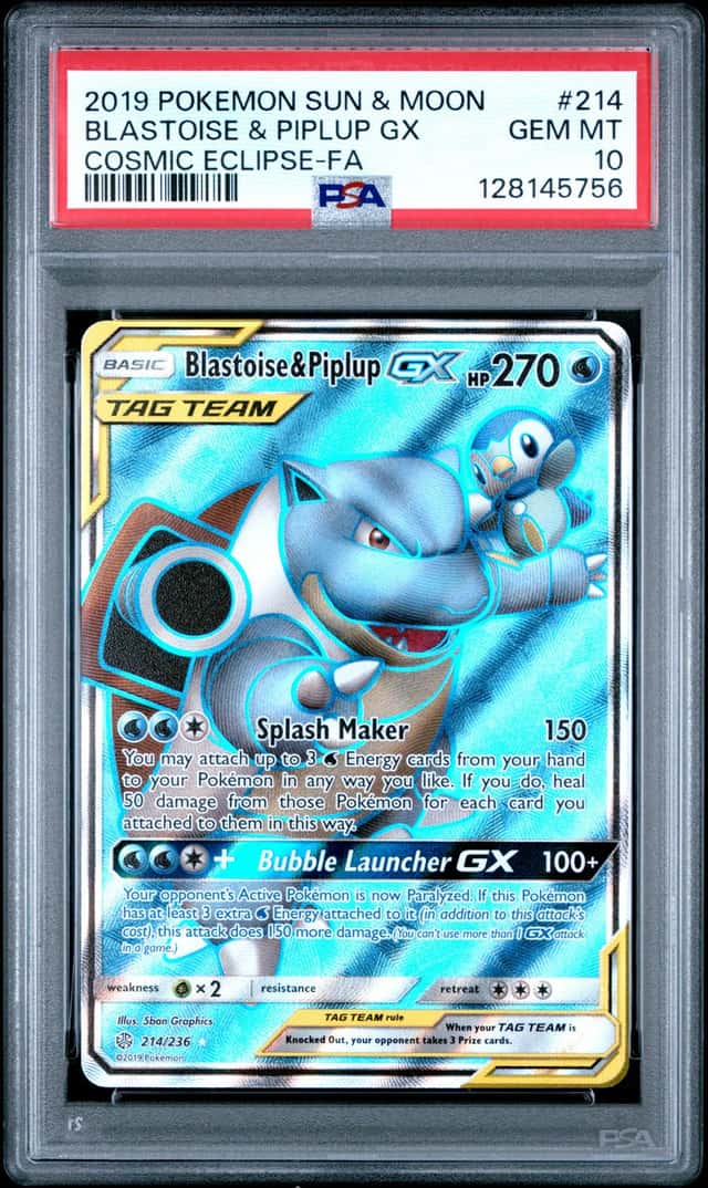2019 Pokemon Sun & Moon Cosmic Eclipse #214 FA Blastoise & Piplup GX PSA 10