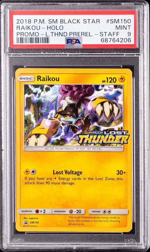 2018 POKEMON SM BLACK STAR PROMO LOST THUNDER PRERELEASE-STAFF RAIKOU-HOLO PSA 9