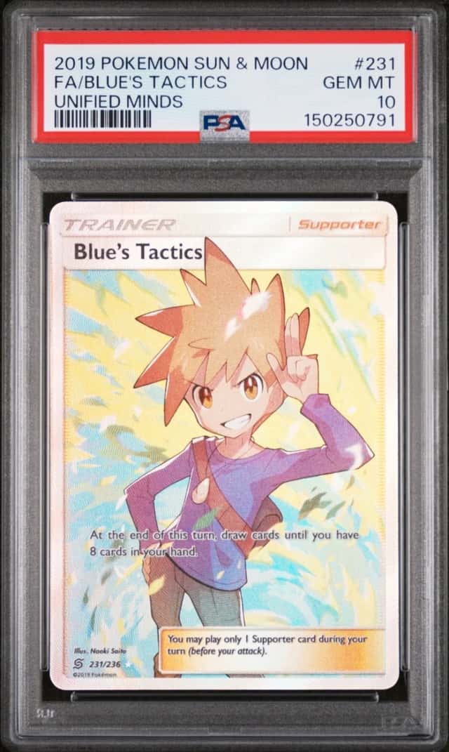 2019 POKEMON SUN & MOON UNIFIED MINDS #231 FULL ART/BLUE'S TACTICS PSA 10