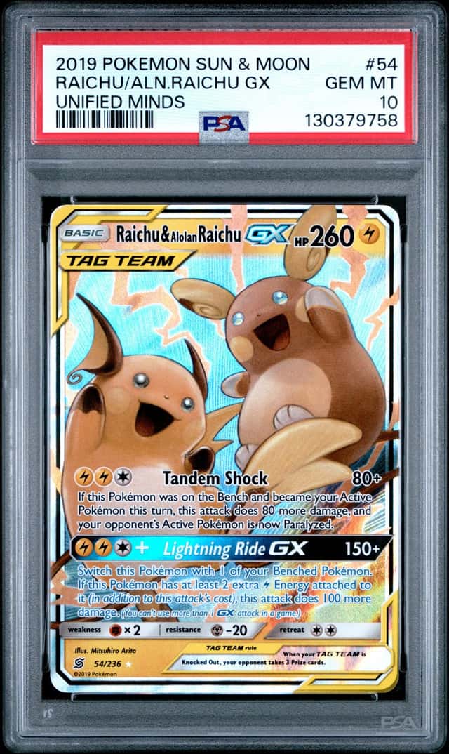 PSA 10 Gem 2019 POKEMON SUN & MOON UNIFIED MINDS #54 RAICHU & ALOLAN RAICHU GX