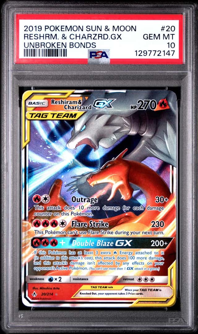 RESHIRAM & CHARIZARD GX POKEMON UNBROKEN BONDS 20/214 ULTRA RARE PSA 10 Q0895