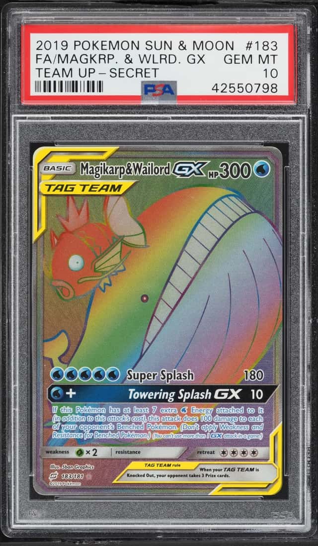2019 Pokemon Sun & Moon Team Up Rainbow Rare Magikarp & Wailord GX #183 PSA 10 GEM MINT
