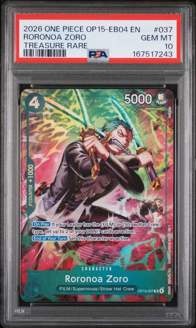 2026 ONE PIECE OP15-EB04-ADVENTURE ON KAMI'S ISLAND #037 RORONOA ZORO PSA 10