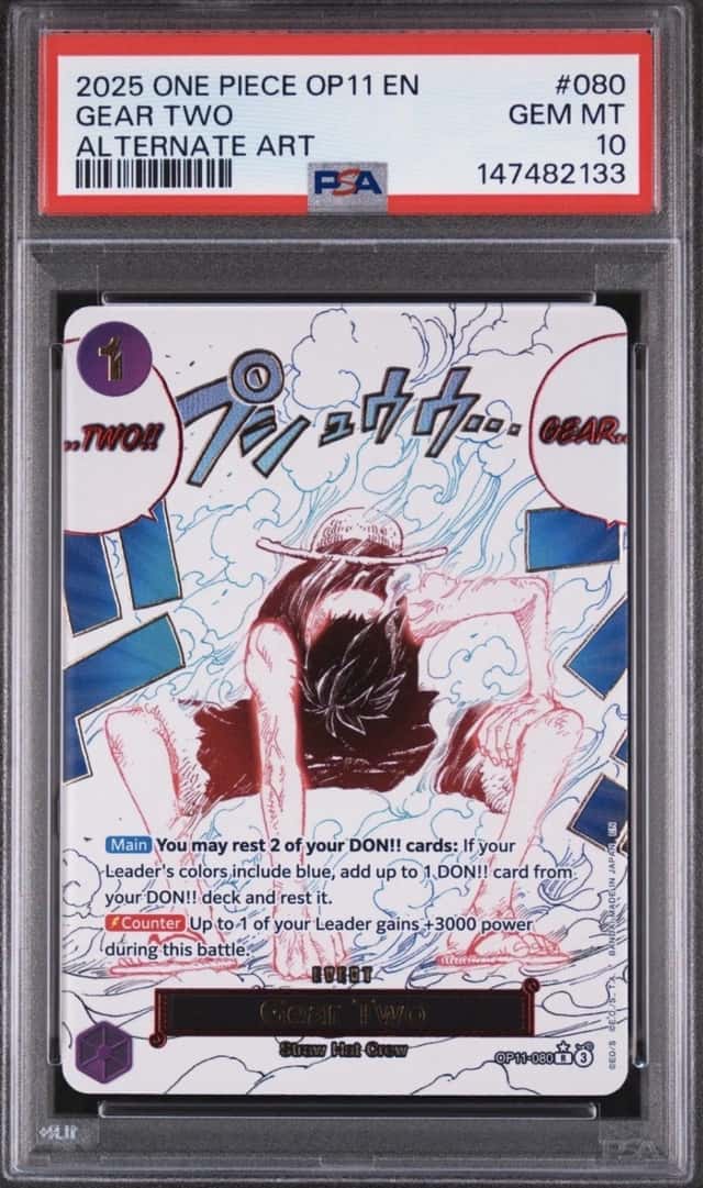 Bandai One Piece CCG Monkey D. Luffy Gear Two OP11-080 Alt Art Foil PSA 10