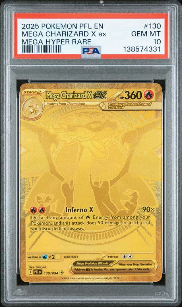 2025 Pokemon PFL EN Mega Charizard X ex 130/094 Gold Mega Hyper Rare PSA 10