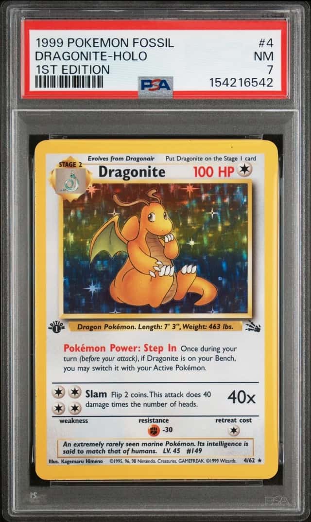 1999 POKEMON FOSSIL 1ST EDITION #4 DRAGONITE-HOLO PSA 7
