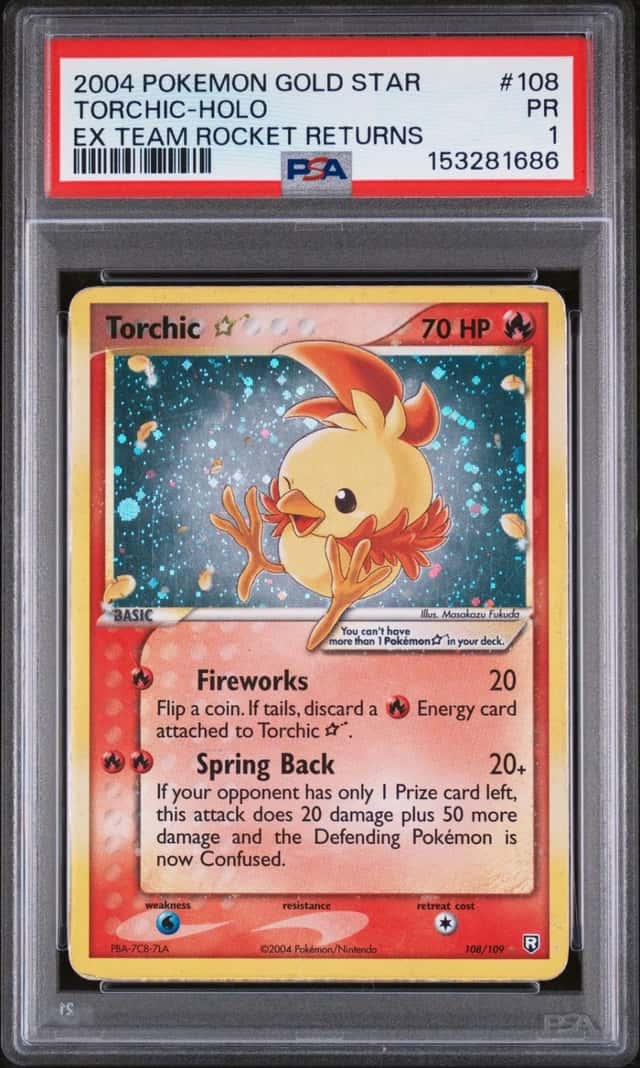 2004 POKEMON EX TEAM ROCKET RETURNS GOLD STAR #108 TORCHIC-HOLO PSA 1