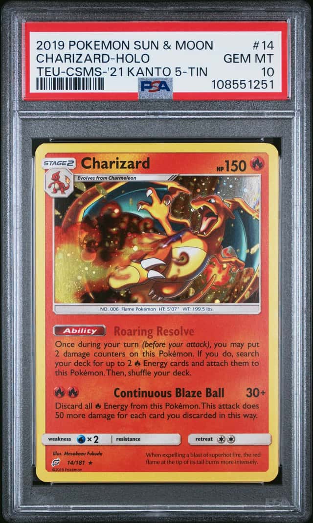 2019 POKEMON SM TEAM UP #14 CHARIZARD HOLO SWIRL TEU-CSMS-'21 KANTO 5-TIN PSA 10