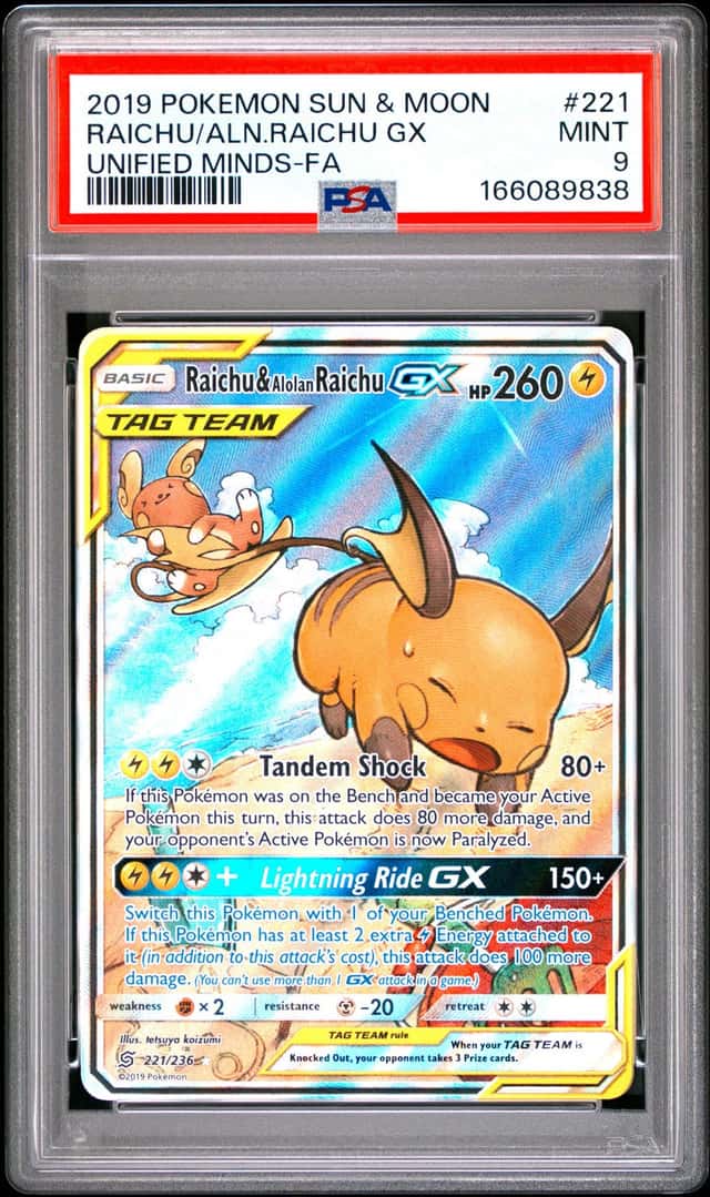 Raichu & Alolan Raichu GX #221 Full Art Unified Minds Pokemon PSA 9 MINT