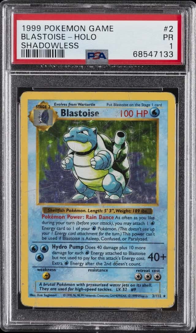 1999 POKEMON BASE SET SHADOWLESS #2 BLASTOISE-HOLO PSA 1