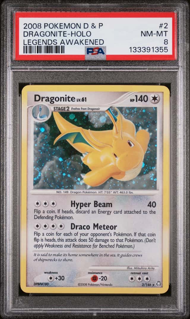 2008 POKEMON DIAMOND & PEARL LEGENDS AWAKENED #2 DRAGONITE HOLO PSA 8 NM-MT