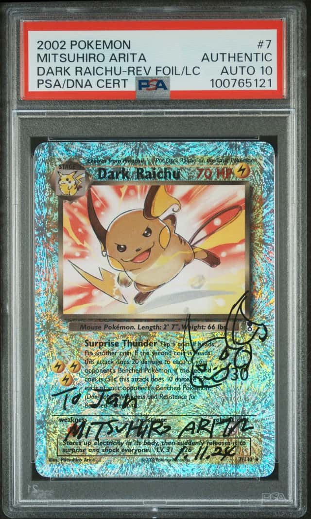 Mitsuhiro Arita Signed 2002 Pokemon LC #7 Dark Raichu Rev Foil PSA/DNA AUTO 10