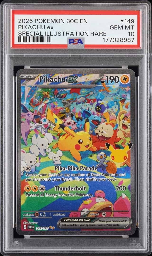 Pikachu ex PSA 10 149/128 English Me: 30th Celebration SIR Holo Pokémon