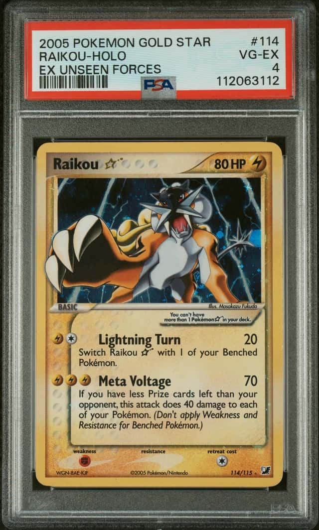 2005 POKEMON EX UNSEEN FORCES GOLD STAR #114 RAIKOU-HOLO PSA 4