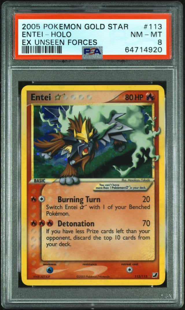 2005 Pokemon EX Unseen Forces Entei Holo Gold Star #113/115 PSA 8