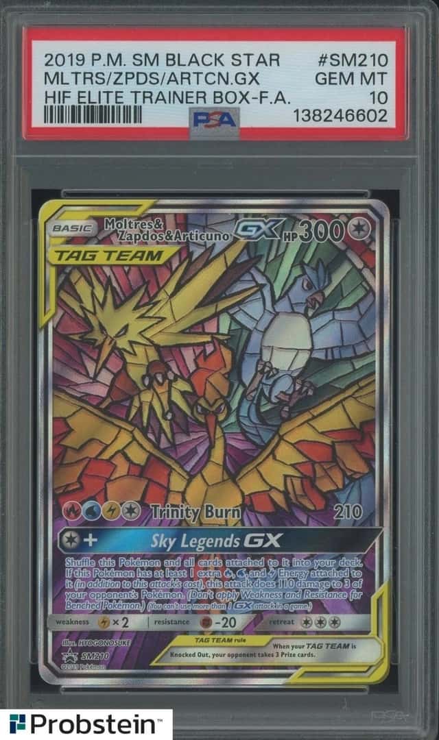 2019 Pokemon SM BSP HIF ETB #SM210 FA Moltres Zapdos Articuno GX PSA 10