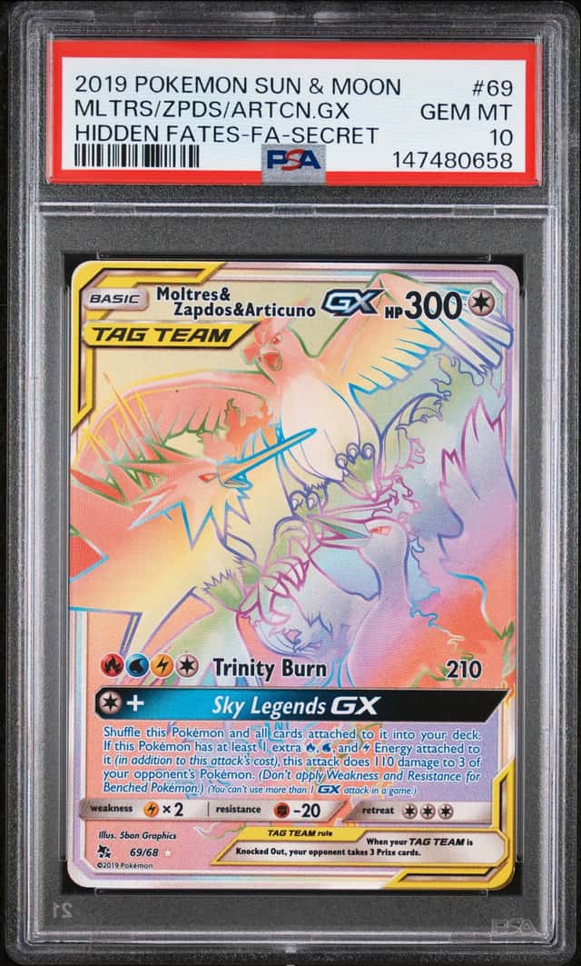 2019 Pokemon Sun & Moon Hidden Fates Secret Moltres Zapdos Articuno GX PSA 10