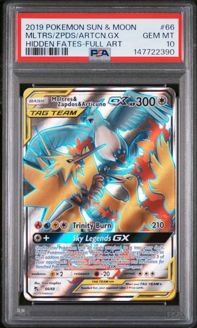 MOLTRES & ZAPDOS & ARTICUNO GX 2019 POKEMON HIDDEN FATES #66 FA PSA 10 Q3963-6