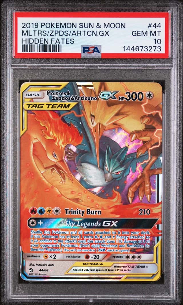 2019 Pokemon Sun and Moon Tag Team Moltres Zapdos Articuno GX 44/68 Holo PSA 10