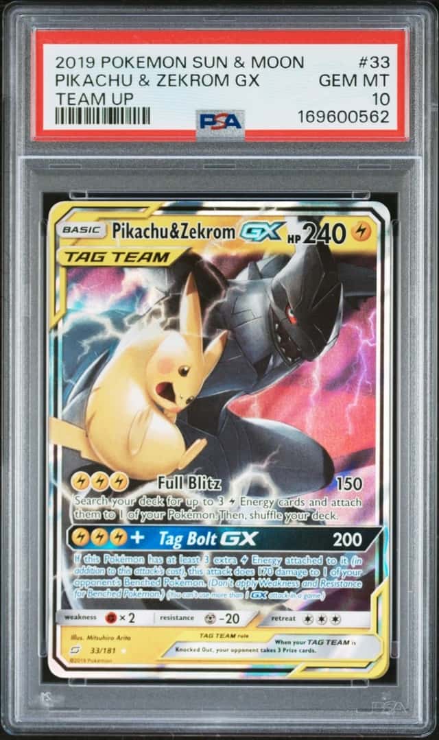 2019 POKEMON SUN & MOON TEAM UP #33 PIKACHU & ZEKROM GX PSA 10