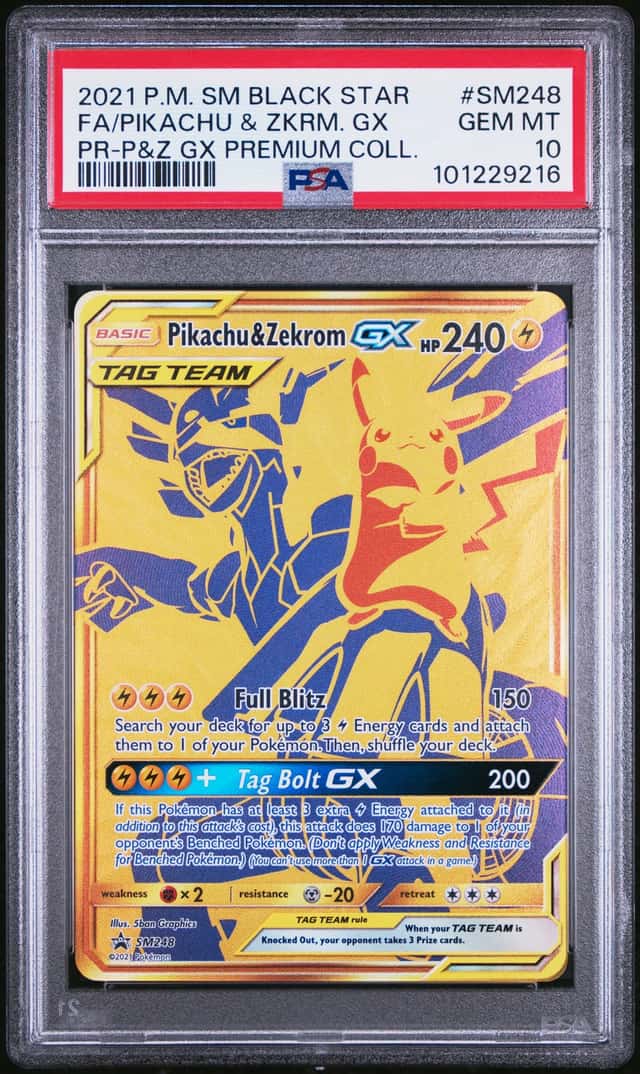 PIKACHU & ZEKROM GX 2021 POKEMON PREMIUM COLL #SM248 FULL ART PSA 10 Q3963-7