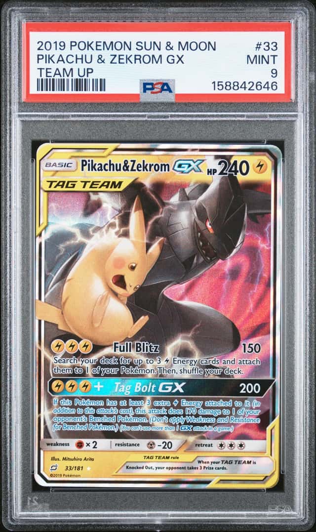 PIKACHU & ZEKROM GX 2019 POKEMON TEAM UP 33/181 ULTRA RARE PSA 9 Q3963-6