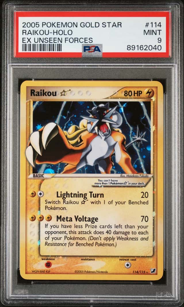 2005 Pokemon Gold Star Raikou-Holo EX Unseen Forces #114 - PSA 9 MINT