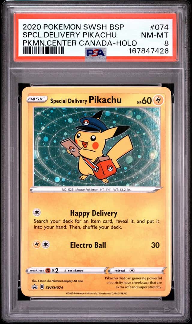 Pokemon Special Delivery Pikachu Holo Swsh Promo 074 PM Center Canada PSA 8