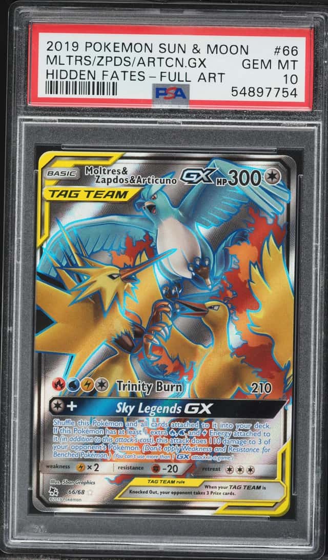 2019 Pokemon Sun & Moon Hidden Fates Full Art Moltres & Zapdos & Articuno GX #66 PSA 10 GEM