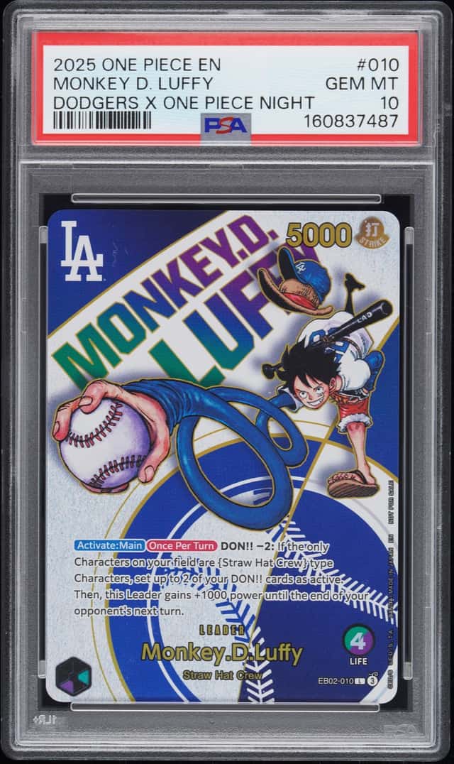 One Piece Monkey D. Luffy Promo 010 Dodgers X One Piece Night PSA 10 Gem Mint