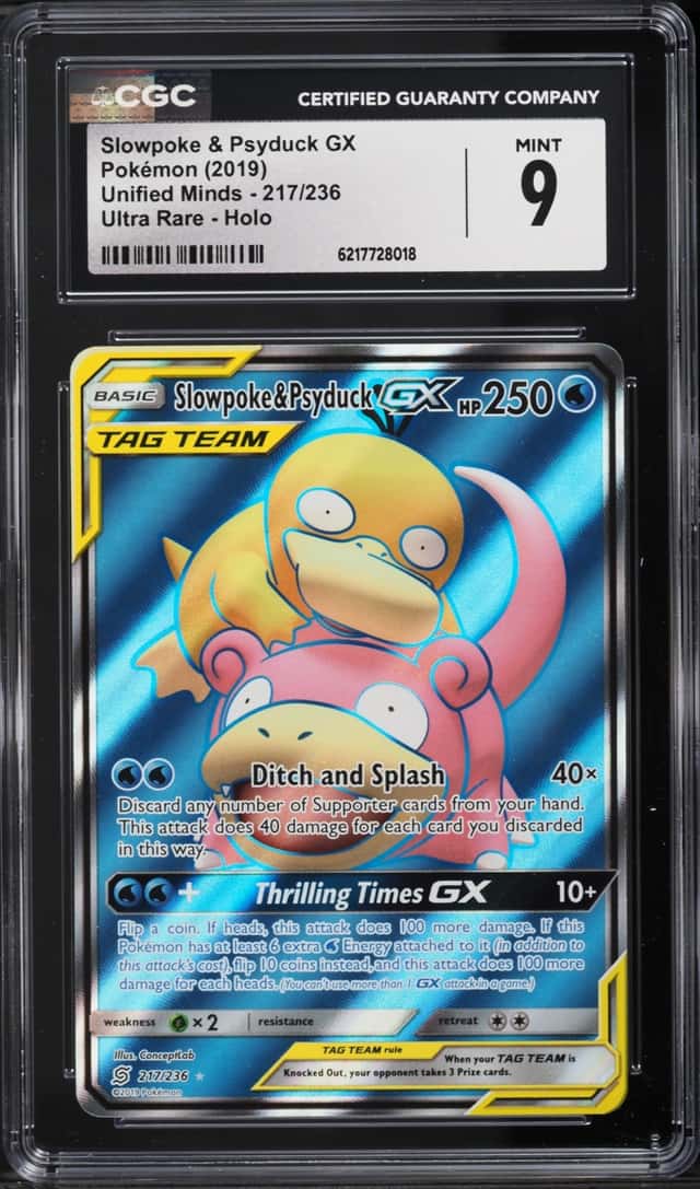 2019 Pokemon Sun & Moon Unified Minds Full Art Slowpoke & Psyduck GX #217 CGC 9 MINT
