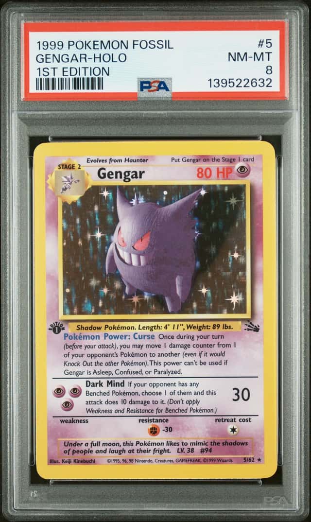 Pokemon 1999 Gengar 5/62 1st Edition Holo Rare Fossil PSA 8