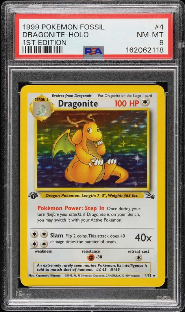 1999 Pokemon Fossil 1st Edition Holo Dragonite #4 PSA 8 NM-MT