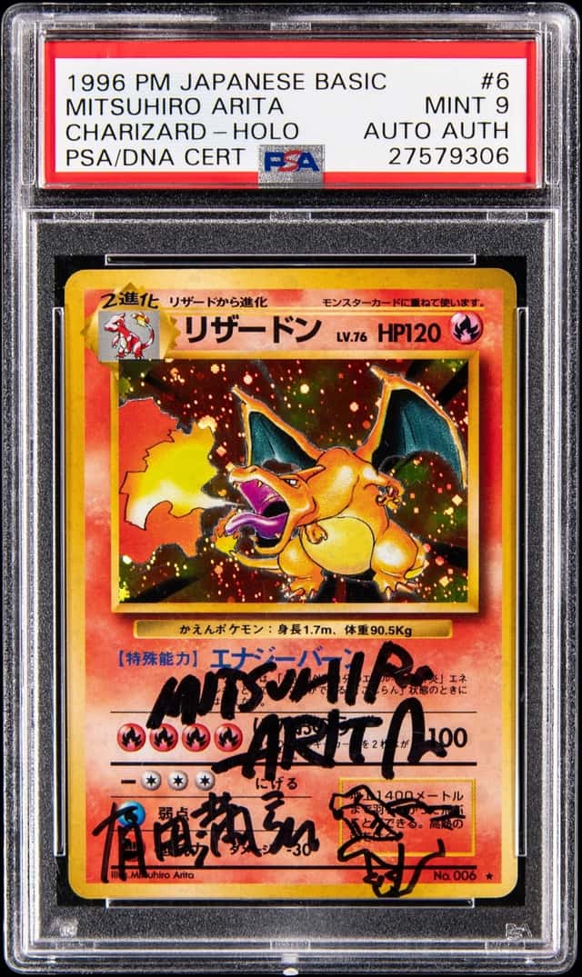 1996 Pokemon Japanese Base Set Holo #6 Charizard - Signed, Sketched by Mitsuhiro Arita - PSA MINT 9, PSA/DNA Authentic
