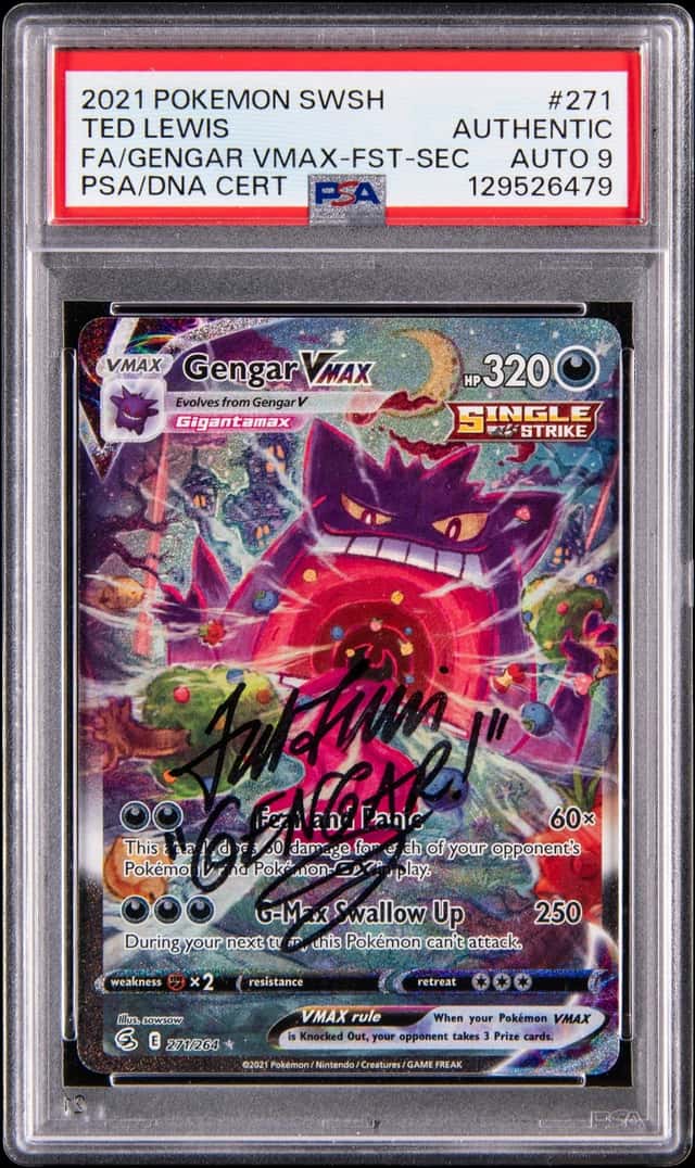 2021 Pokemon Sword & Shield Fusion Strike Full Art Secret Rare #271 Gengar VMAX - Signed by Ted Lewis - PSA Authentic, PSA/DNA MINT 9