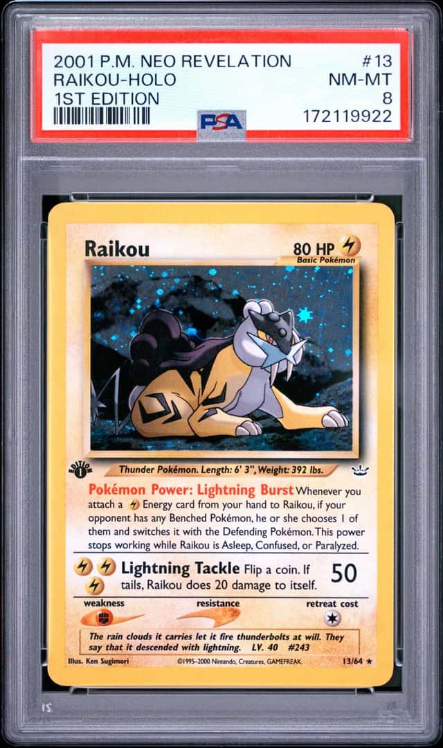 New Cert! 2001 Pokemon NEO REVELATION 1ST ED #13 RAIKOU-HOLO PSA 8